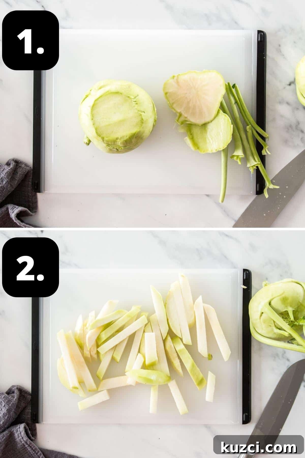 Steps 1-2 of preparing this recipe - peeling the kohlrabi and cutting it into pieces.