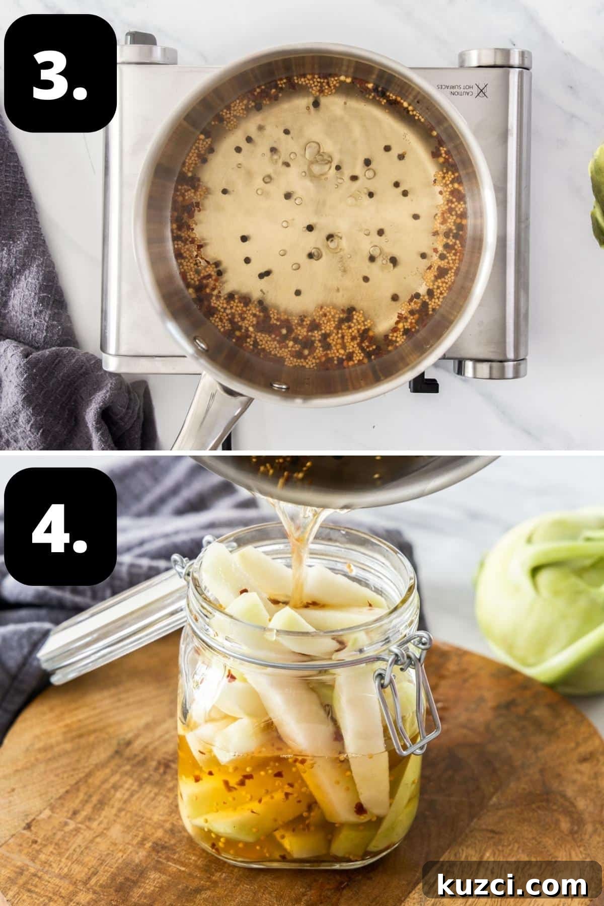 Steps 3-4 of preparing this recipe - the pickling liquid in a saucepan and adding the liquid to the jar of kohlrabi pieces.