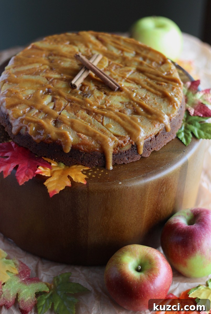 Paleo Caramel Apple Upside Down Cake (AIP) - a warm, gooey, cinnamon apple cake is slathered with dairy-free pumpkin caramel sauce for a decadent dessert!