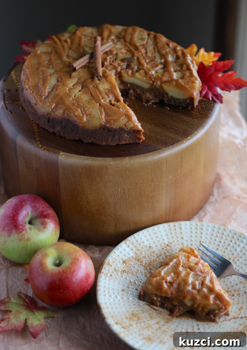 Paleo Caramel Apple Upside Down Cake (AIP) - a thick, dense apple cake is topped with warm, gooey salted caramel for an epic Fall dessert!