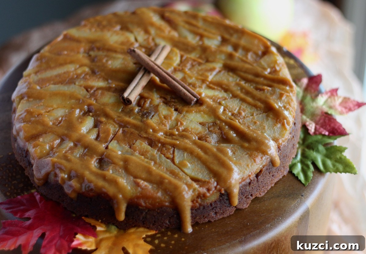 Paleo Caramel Apple Upside Down Cake (AIP) - a grain-free, egg-free apple-filled cake topped with salted caramel drizzle!