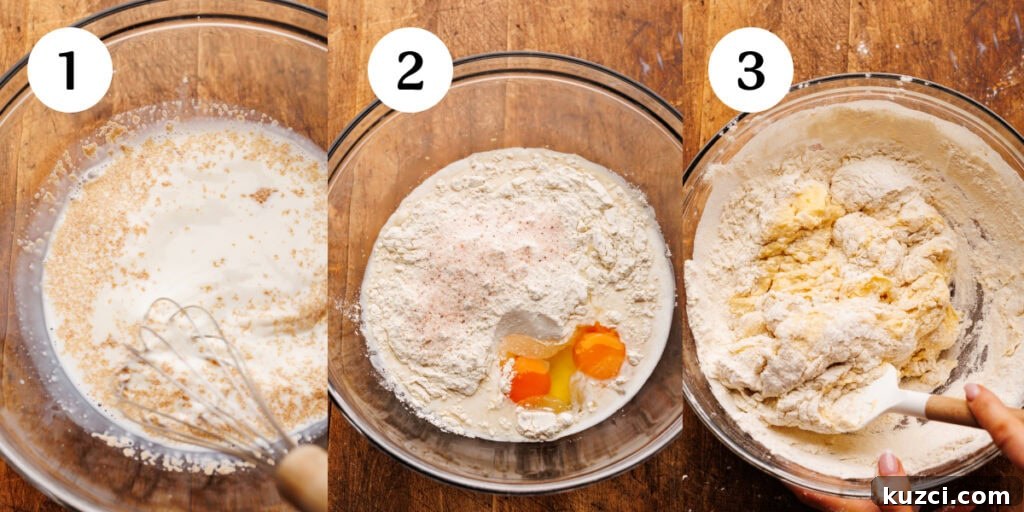 Soft, Buttery Homemade Dinner Rolls Recipe 4 A collage of three images showing how to mix the ingredients together for dinner rolls in a clear glass bowl. The photos are showing steps one through three.
