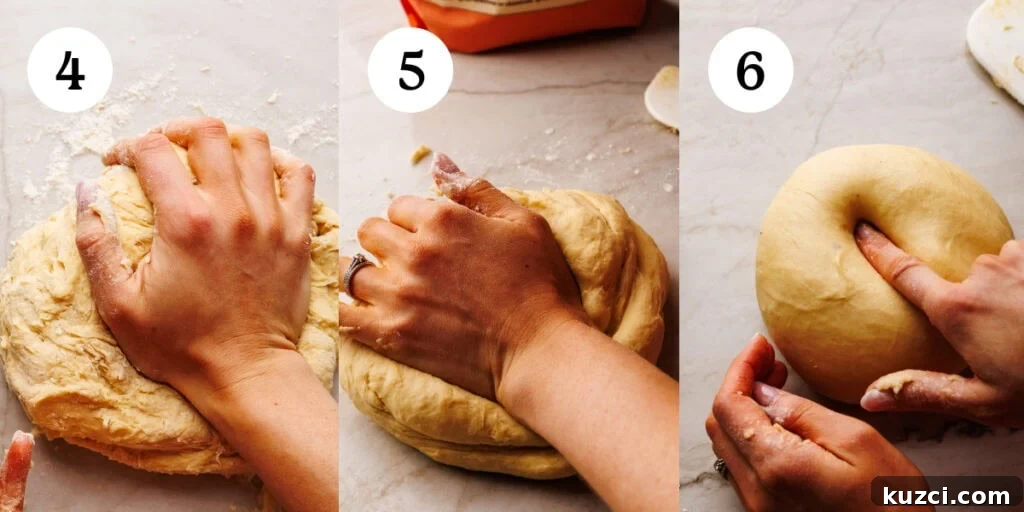 Soft, Buttery Homemade Dinner Rolls Recipe 5 A collage of three images showing how to knead dinner roll dough by hand. The images are labeled step four through six.