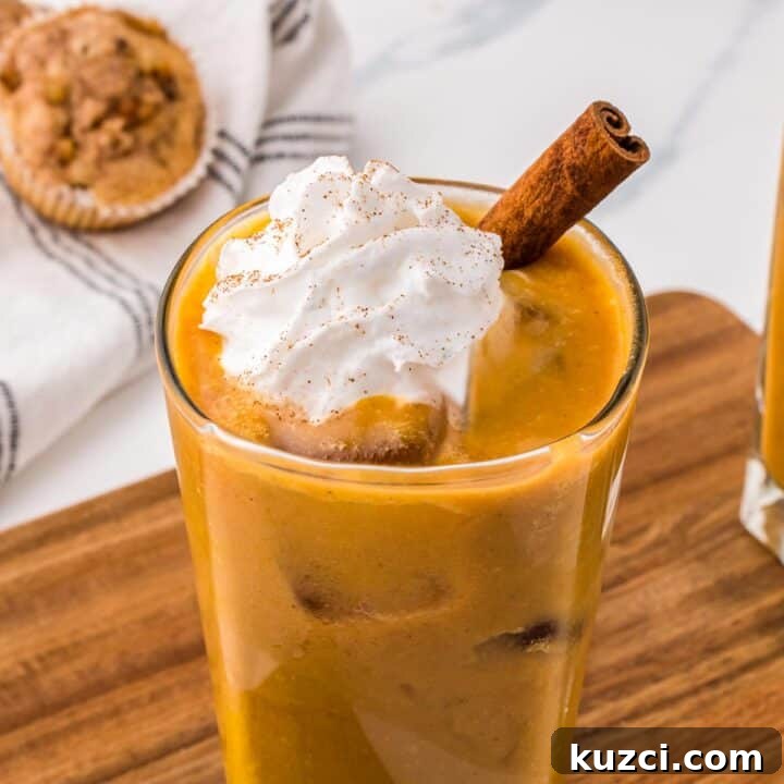 Pumpkin spiced iced latte in a tall glass topped with whipped cream and a cinnamon stick.