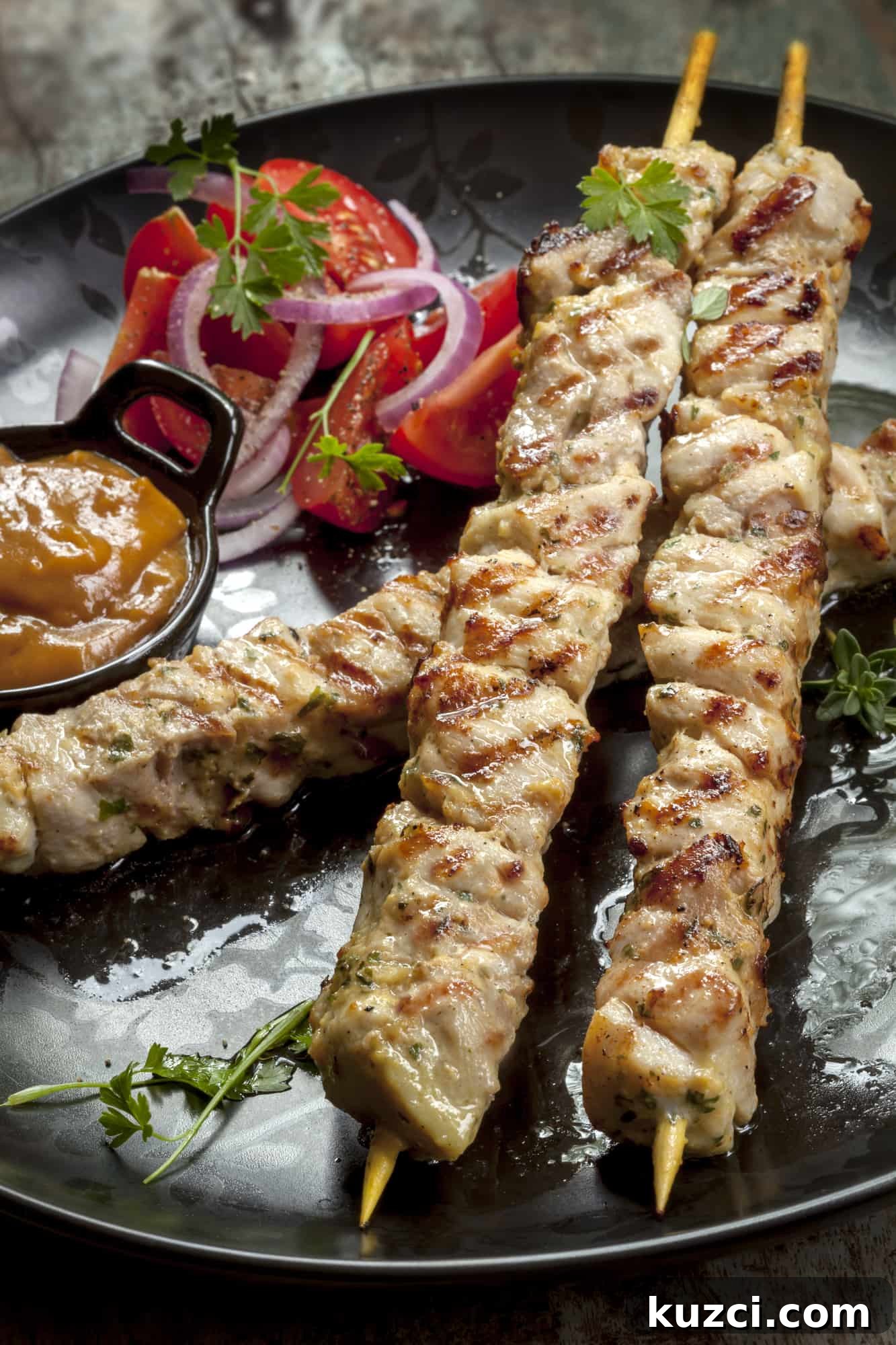 Creamy Keto Peanut Sauce Recipe for Stir-Fry, Salads and Dipping 2 Grilled chicken skewers served with Keto Peanut Sauce!