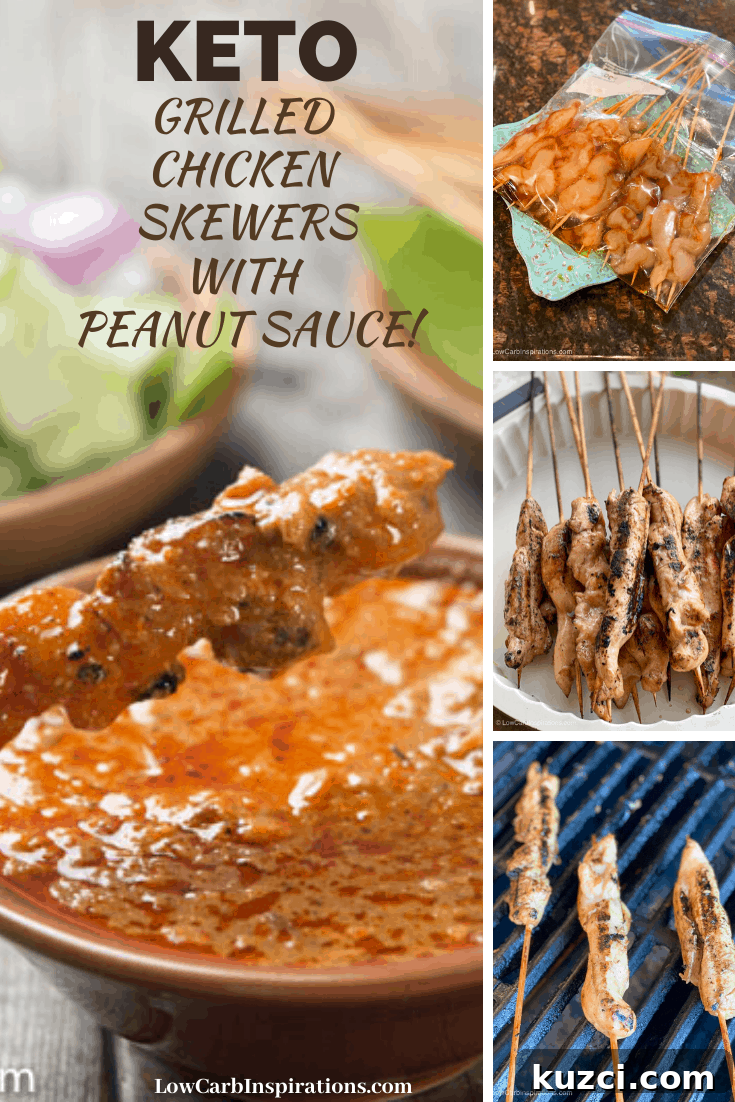 Creamy Keto Peanut Sauce Recipe for Stir-Fry, Salads and Dipping 3 Grilled Chicken Skewers served with Keto Peanut Sauce!