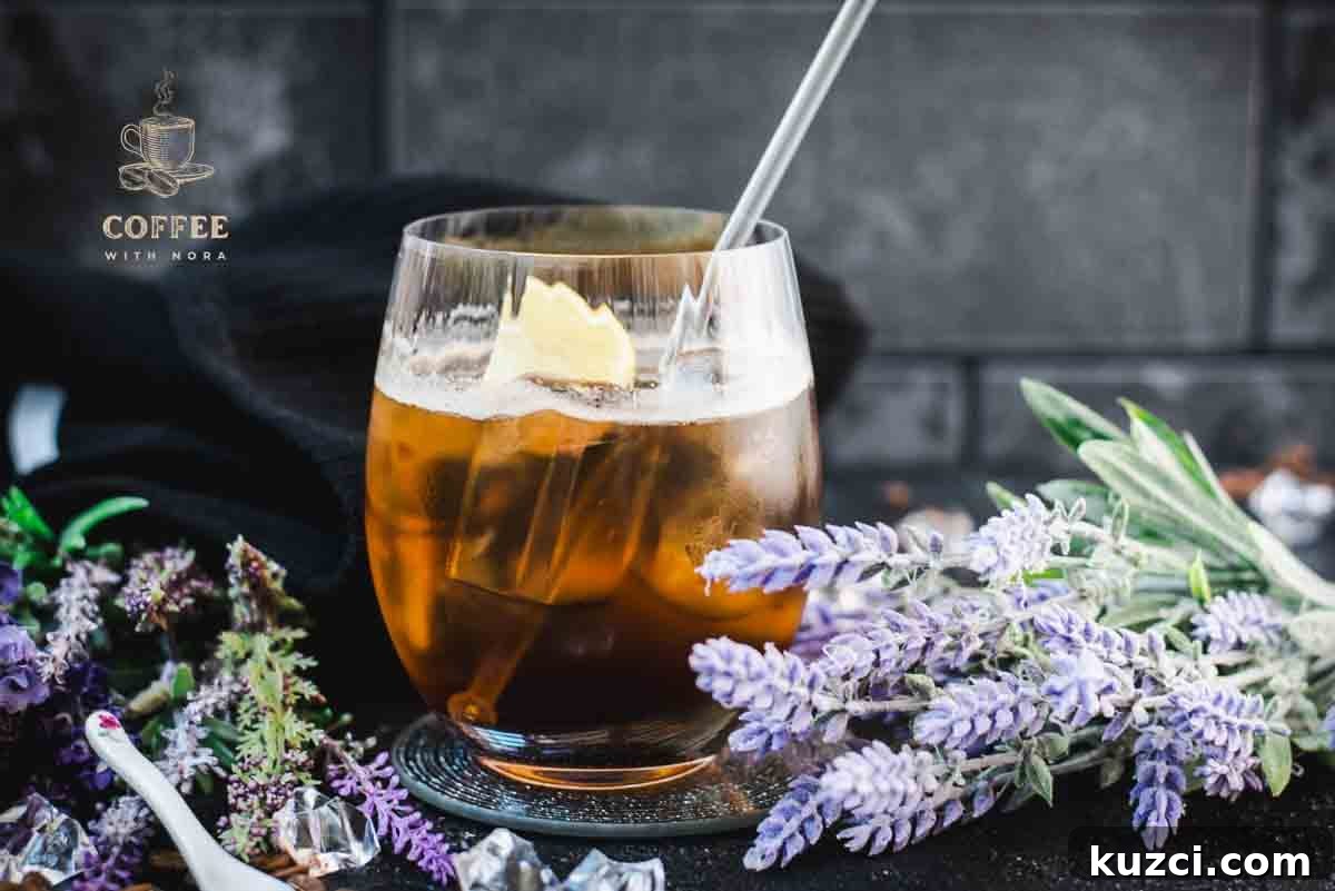Lavender cold brew tonic coffee cocktail.