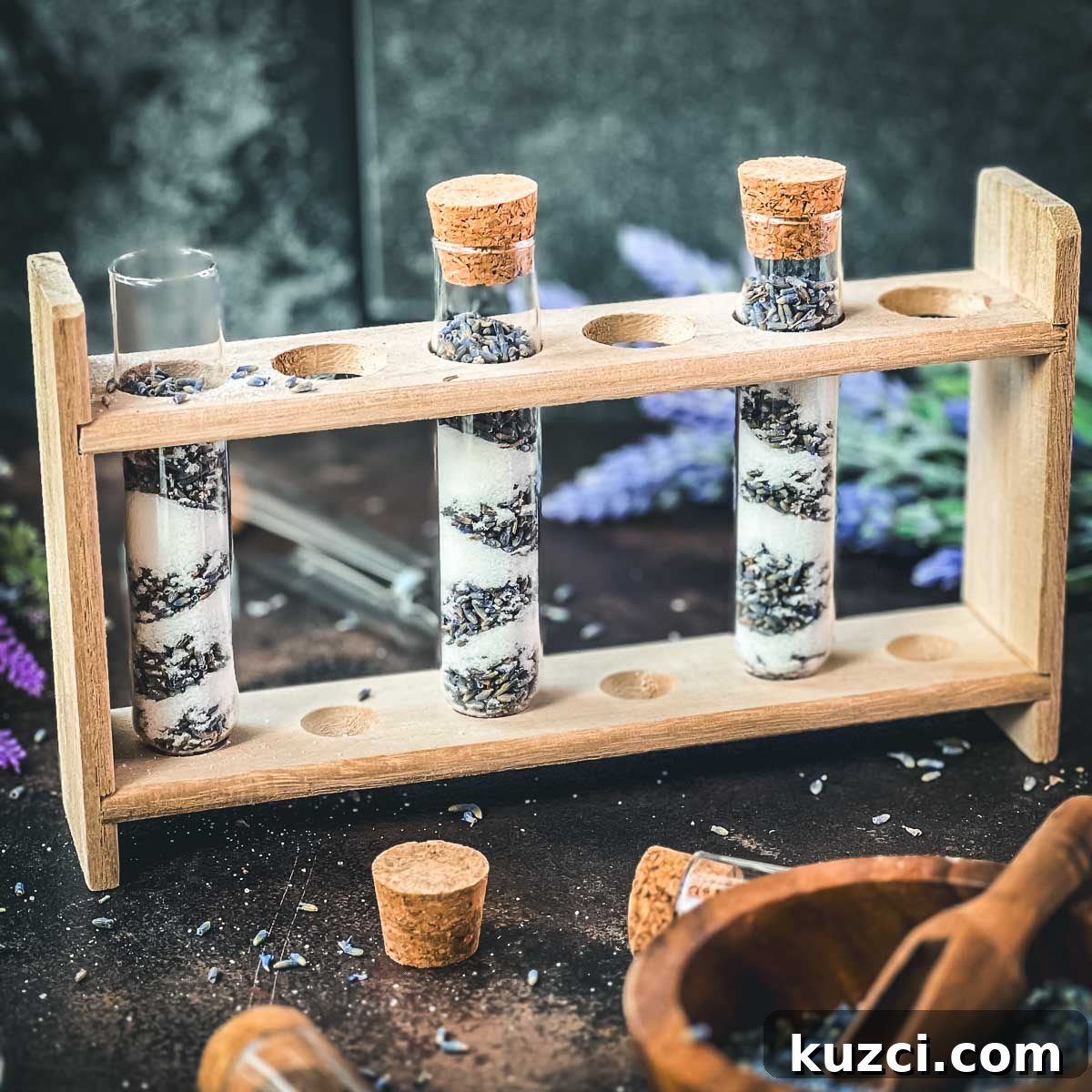 Small bottles filled with layers of dried lavender and sugar.