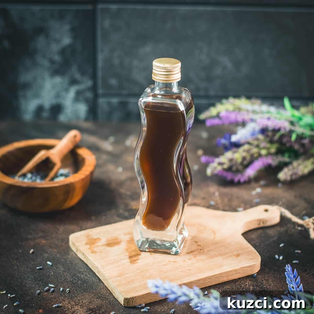Bottle of homemade lavender extract on a wooden board with lavender flowers.