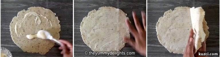 Verki (Varki) Puri Recipe: Layered Gujarati Puris 6 applying cornflour paste between the layers of the verki puri recipe