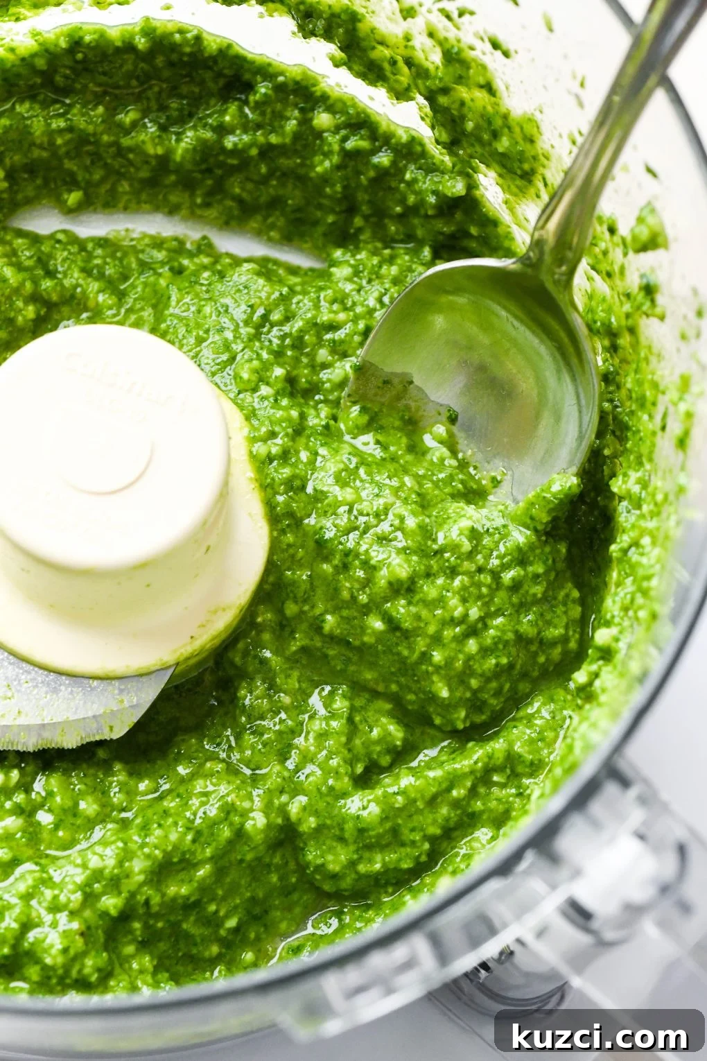 Homemade Basil Pesto - Vegan-Friendly Recipe 3 Homemade basil pesto in a food processor container with a spoon dipping into the sauce.