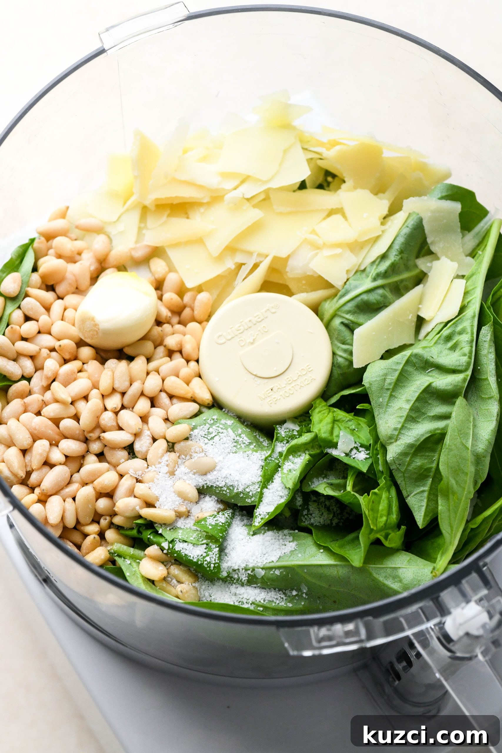 Homemade Basil Pesto - Vegan-Friendly Recipe 5 How to make homemade basil pesto: Ingredients for pesto in a food processor container before processing.