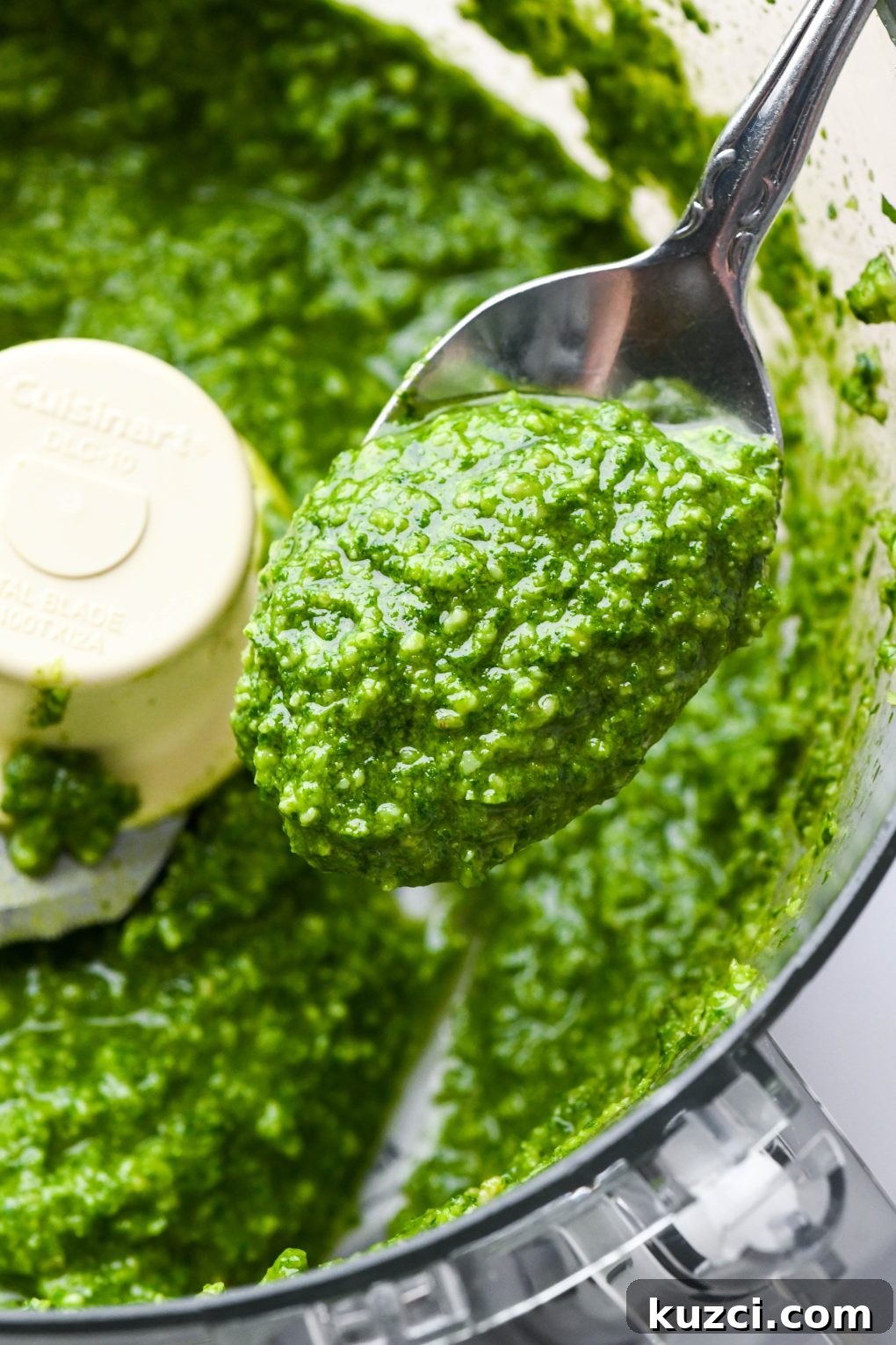 Homemade Basil Pesto - Vegan-Friendly Recipe 8 How to make homemade basil pesto: Finished creamy pesto in the bowl of food processor with a spoon scooping some out.