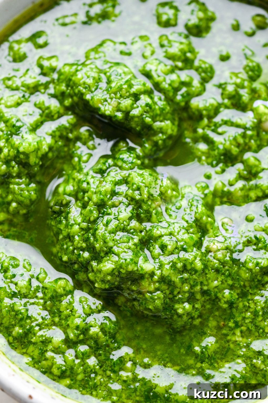 Homemade Basil Pesto - Vegan-Friendly Recipe 9 Super close up shot of the texture of homemade basil pesto.
