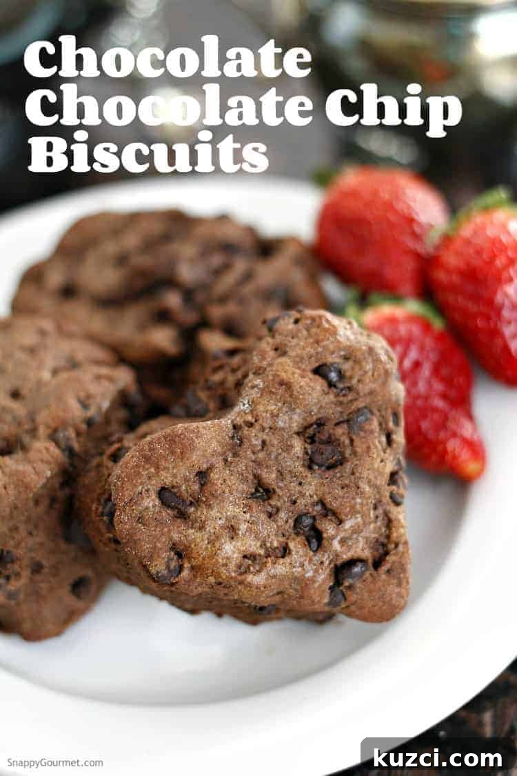 Chocolate Chocolate Chip Biscuits recipe and Homemade Strawberry Butter, a delicious from scratch treat for Valentine's Day or special occasions Chocolate Chocolate Chip Biscuits Recipe on plate with fresh strawberries