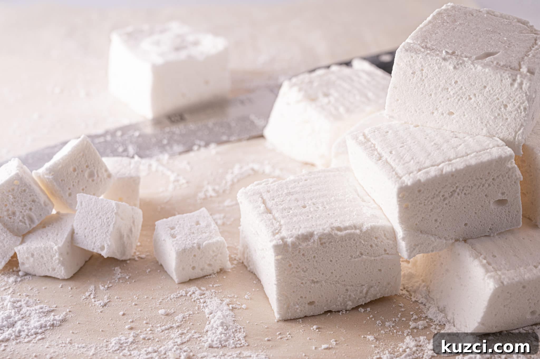 Homemade Keto Marshmallows on parchment paper cut into large and small squares.