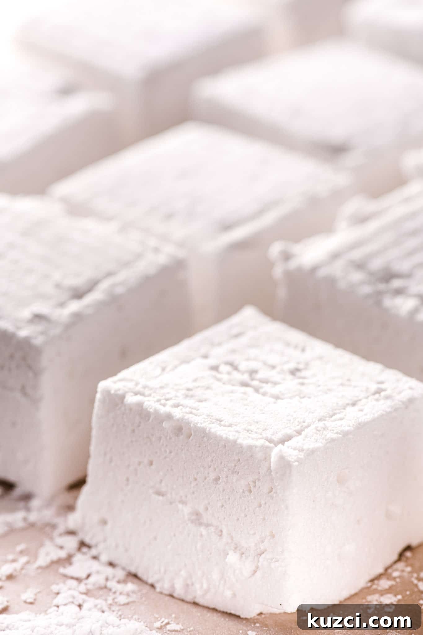 Square vanilla keto marshmallows lined up on parchment paper coated in sugar-free sweetener.