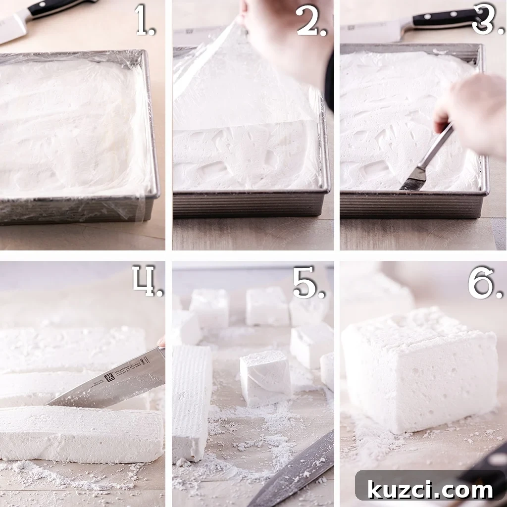 In process shots of homemade marshmallows being removed from a pan and cut into squares