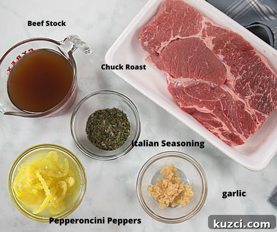 Ingredients for Italian Beef on white counter labeled