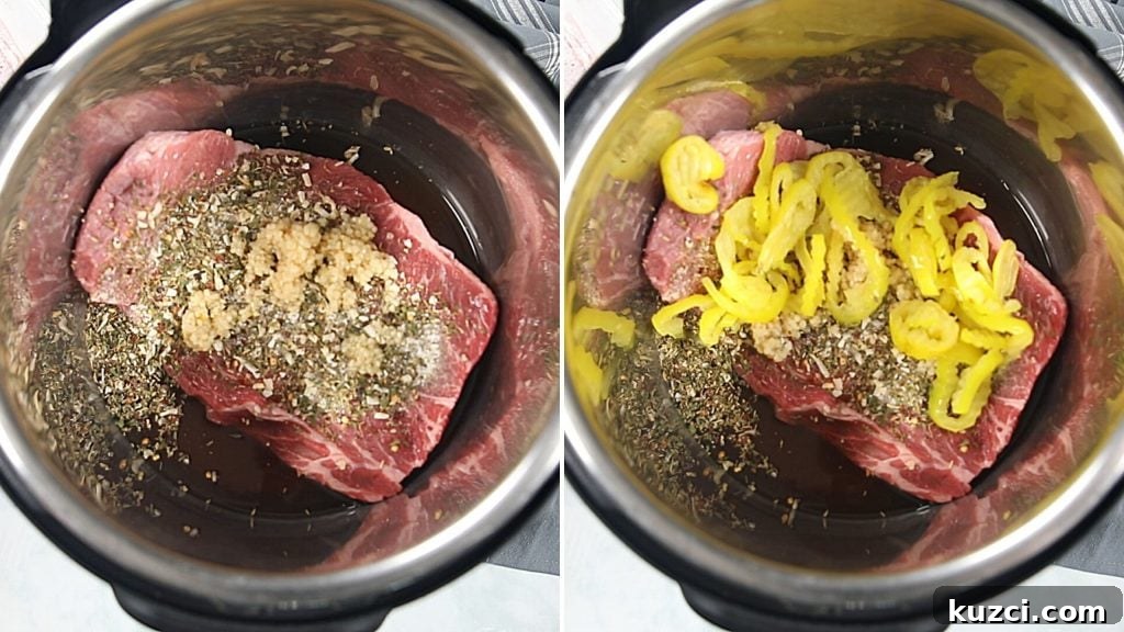 Side by side picture of italian Beef in inner pot of instant pot.