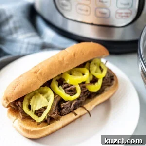 Italian Beef Sandwich next to Instant Pot