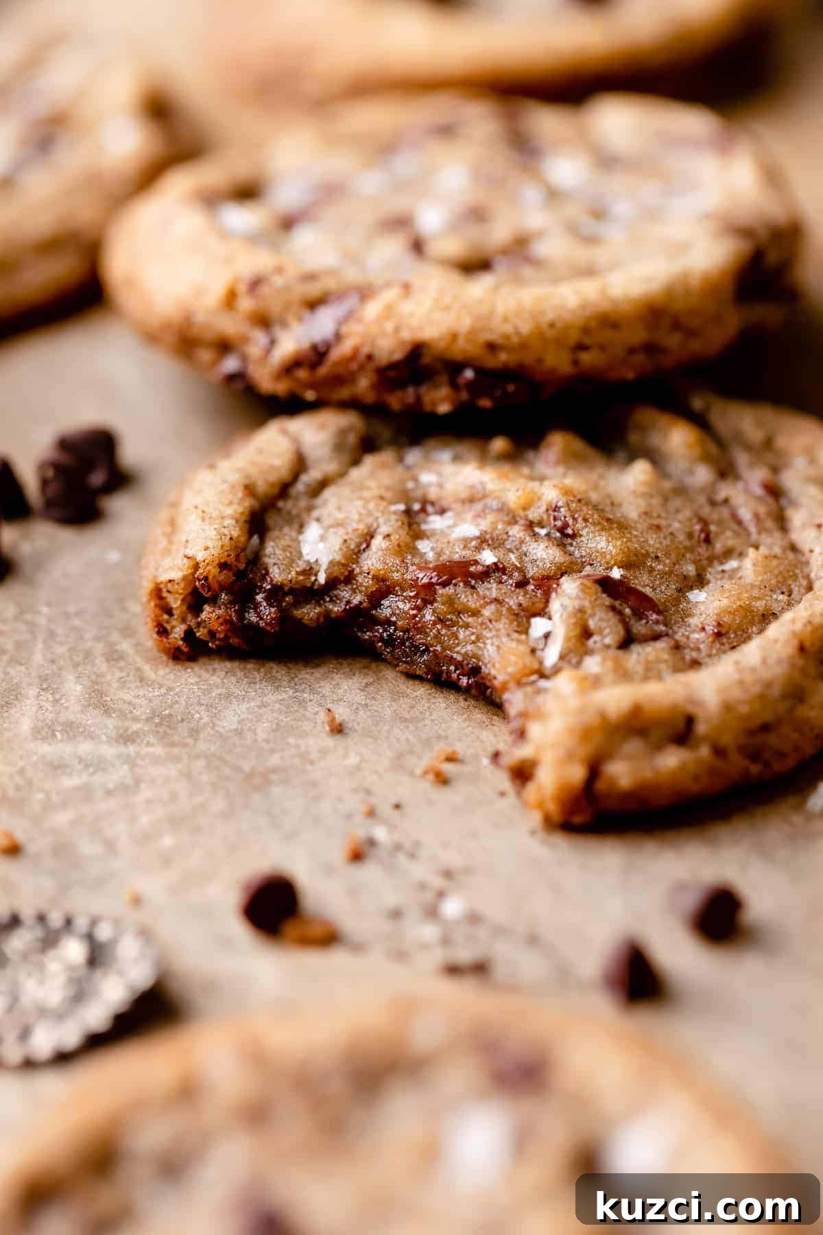 Chewy Espresso Chocolate Chip Cookies 6 a coffee cookie topped with chocolate chips with a bite taken out of it.