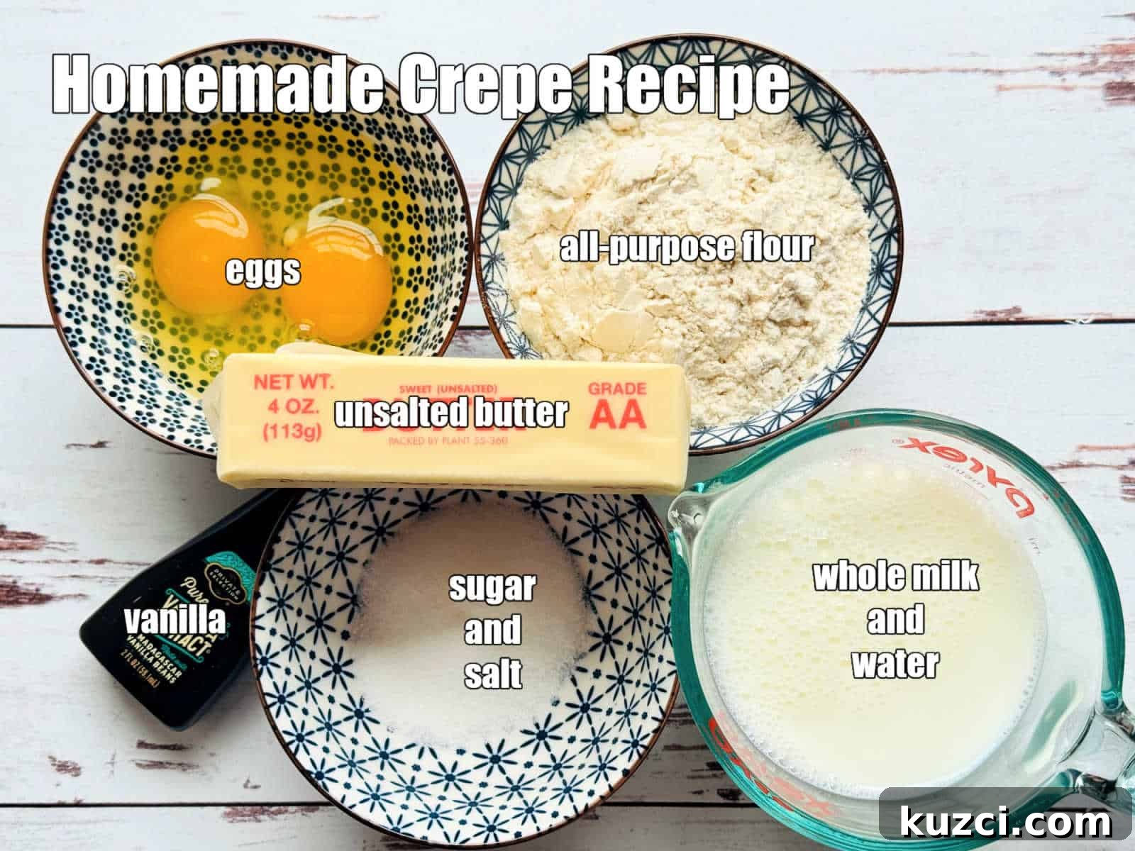 picture of ingredients needed to make classic french crepe recipe