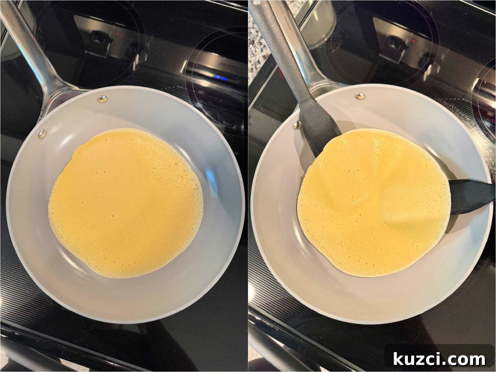 showing a crepe cooked on one side in a nonstick pan and then showing it being flipped over with two nonstick small spatulas