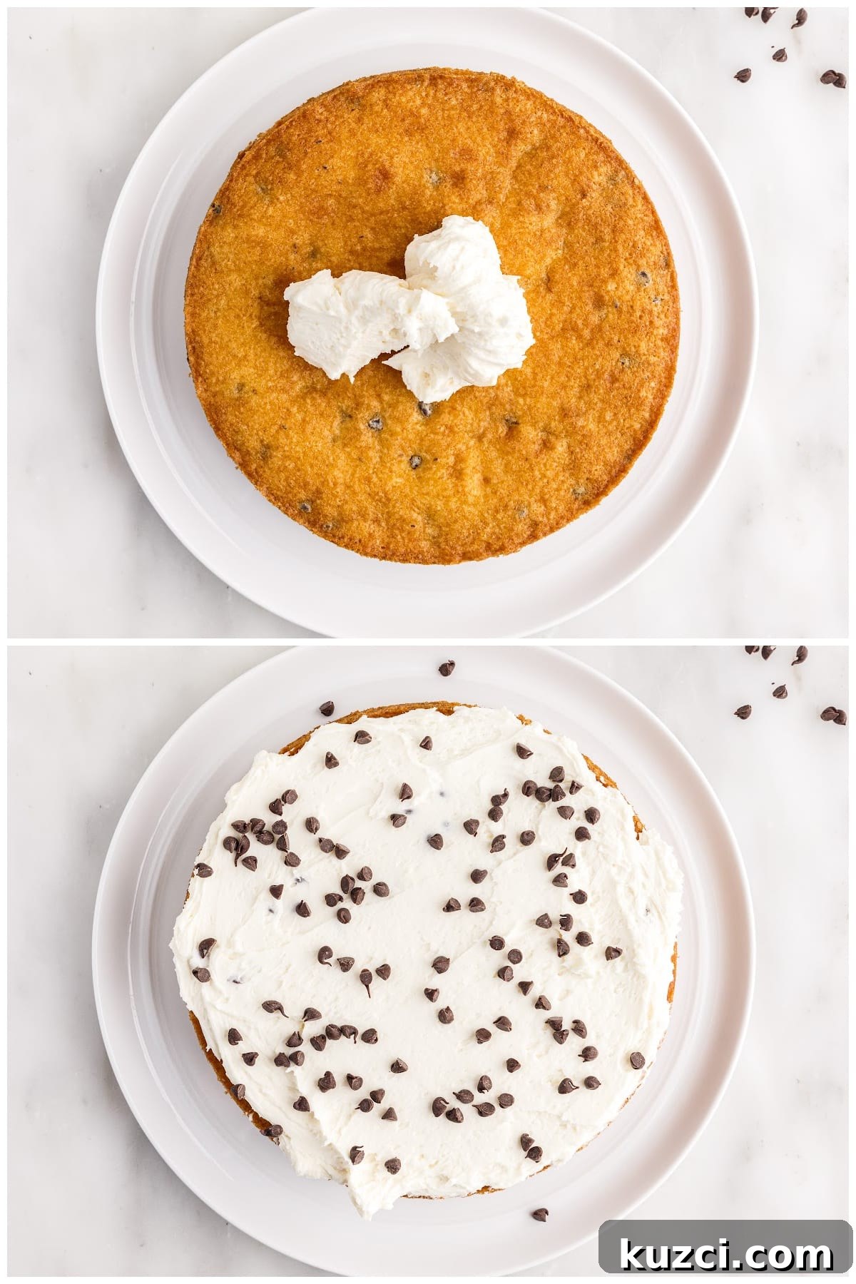 Moist Chocolate Chip Cake Recipe 13 Two steps shown here to frost the bottom layer of the cake and sprinkle mini chocolate chips on top.