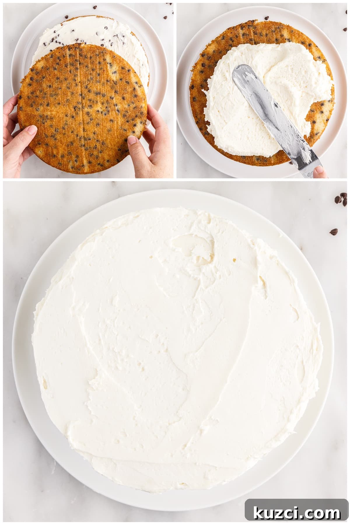 Moist Chocolate Chip Cake Recipe 14 Adding the top layer of the cake and frosting it.