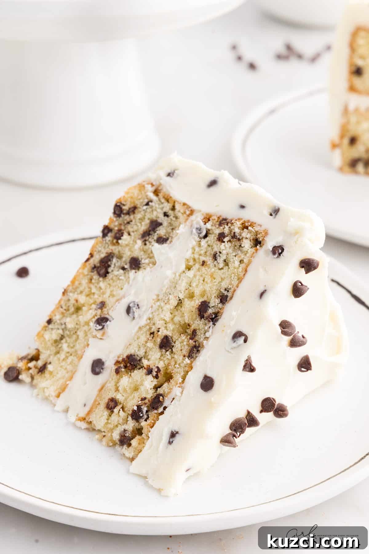 Moist Chocolate Chip Cake Recipe 16 Slice of Chocolate Chip Cake on a plate, showing the inside and frosting layers, with other pieces of cake in the background.