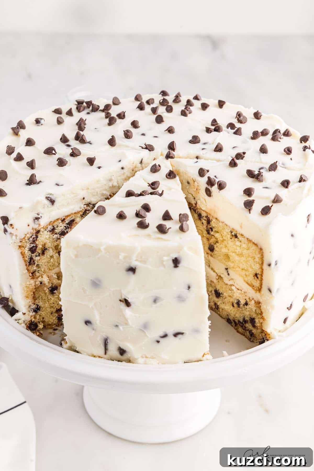 Moist Chocolate Chip Cake Recipe 17 Whole Chocolate Chip Cake on a platter, with a slice taken out of it to show the inside of the cake, with text overlay.