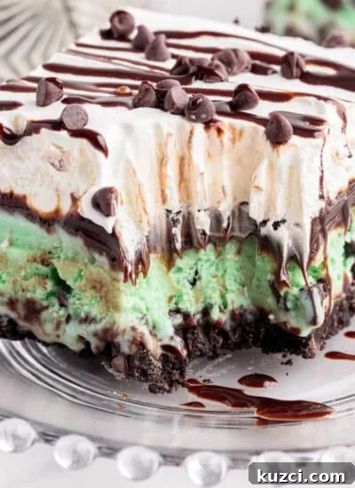 Slice of mint chocolate chip ice cream cake with bite taken out on a glass plate.