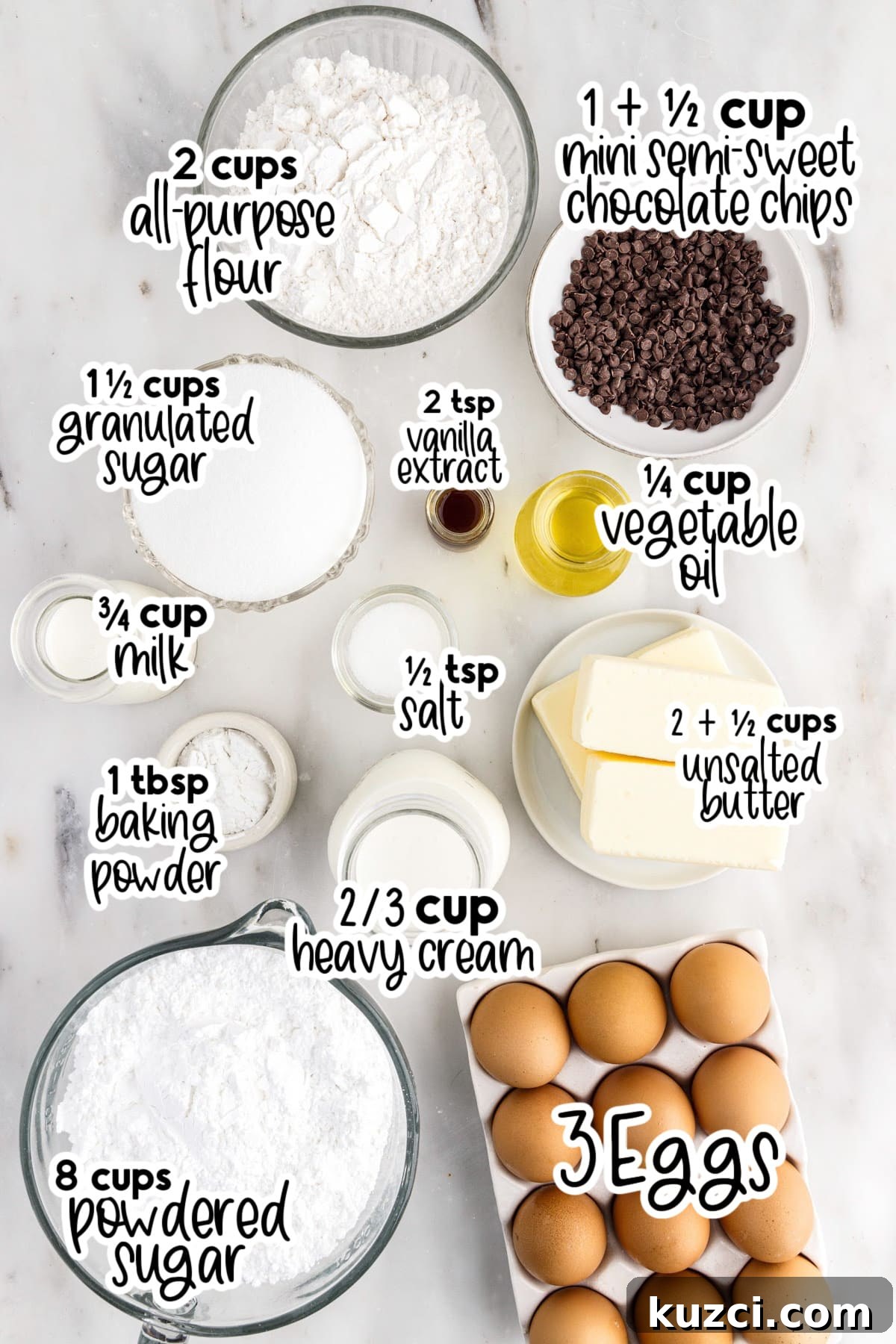 Moist Chocolate Chip Cake Recipe 3 All ingredients on the counter in smaller sized bowls, with text overlays.