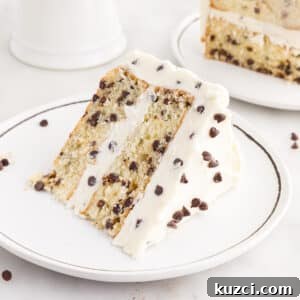 Moist Chocolate Chip Cake Recipe 22 Slice of Chocolate Chip Cake on a plate, showing the inside and frosting layers, with other pieces of cake in the background.