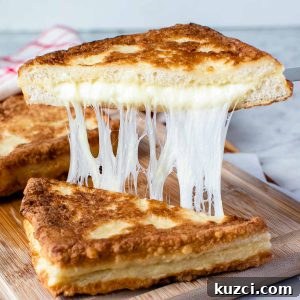 fried cheese sandwich cut in half and showing cheese pull.