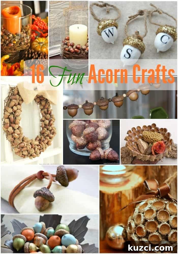 Creative Fall Acorn Crafts for Cozy DIY Decor 2 Image shows a collage of fall crafts with text overlay that says "16 Fun Acorn Crafts."