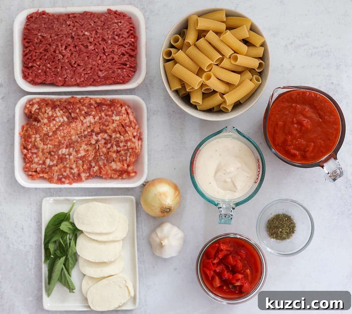 Ingredients for baked rigatoni.