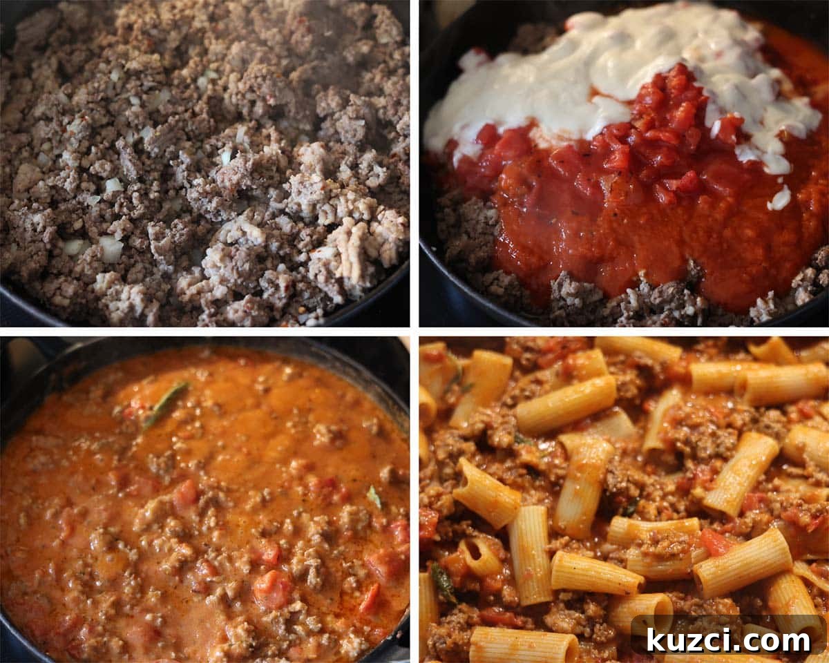 Four photo collage showing how to make baked rigatoni.