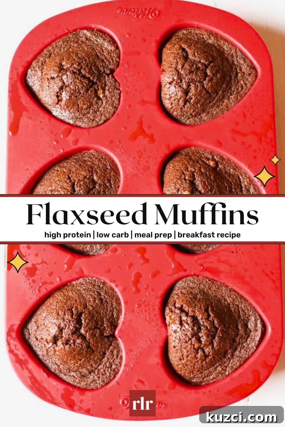 Keto Chocolate Flaxseed Muffins Recipe 6 keto chocolate flaxseed muffins in a red silicone baking pan overhead view