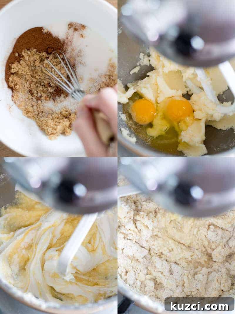 steps to making the cake: mixing filling ingredients, creaming butter sugar and eggs, mix in sour cream, then baking mix.