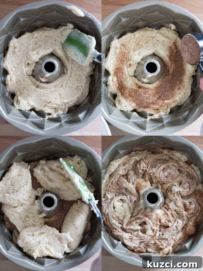 steps to layer the cake, batter, filling, batter, filling, swirl