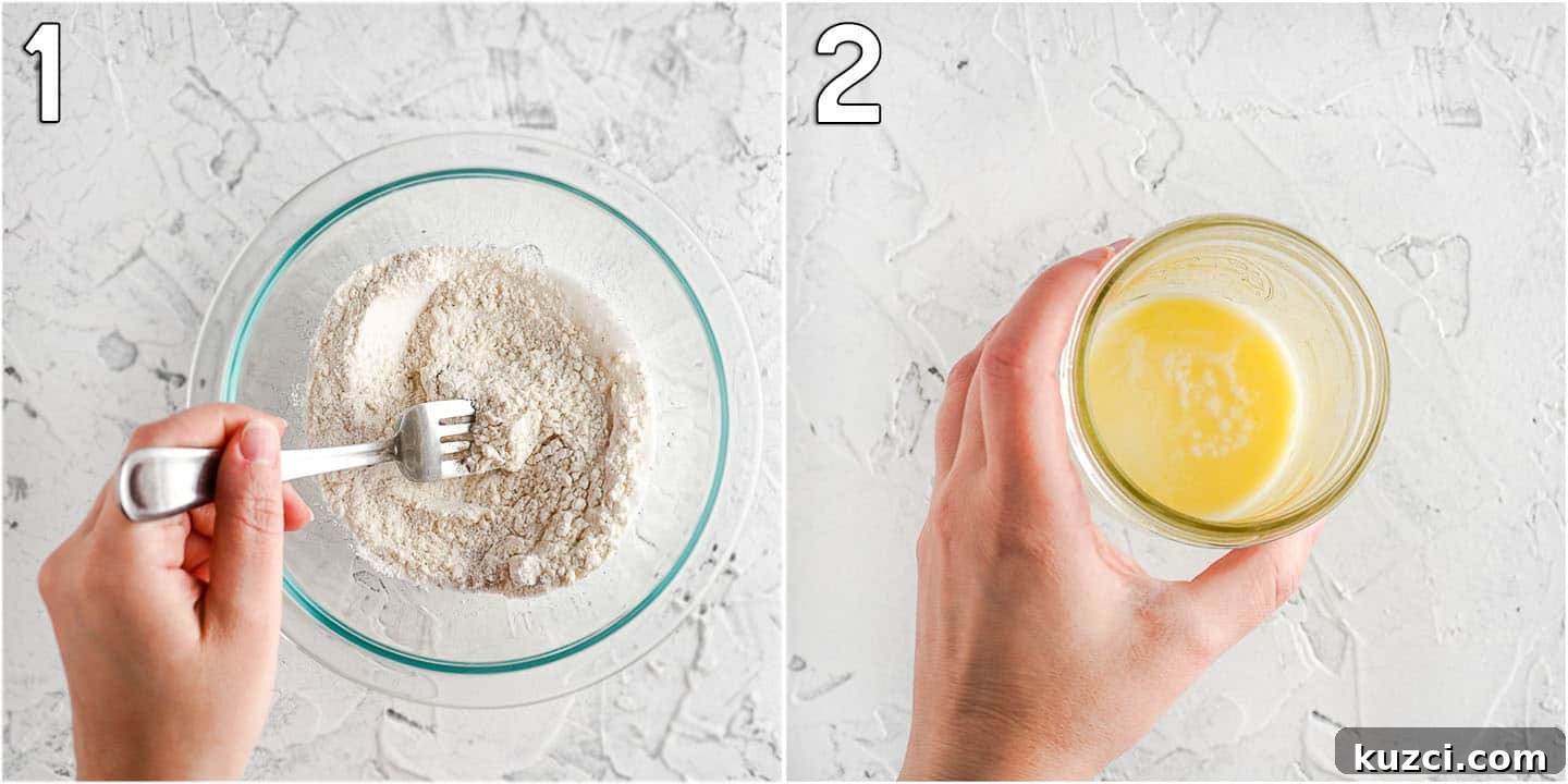 Microwave Apple Cinnamon Mug Cake Recipe 4 Bowl of dry ingredients on left and cup with melted butter on the right