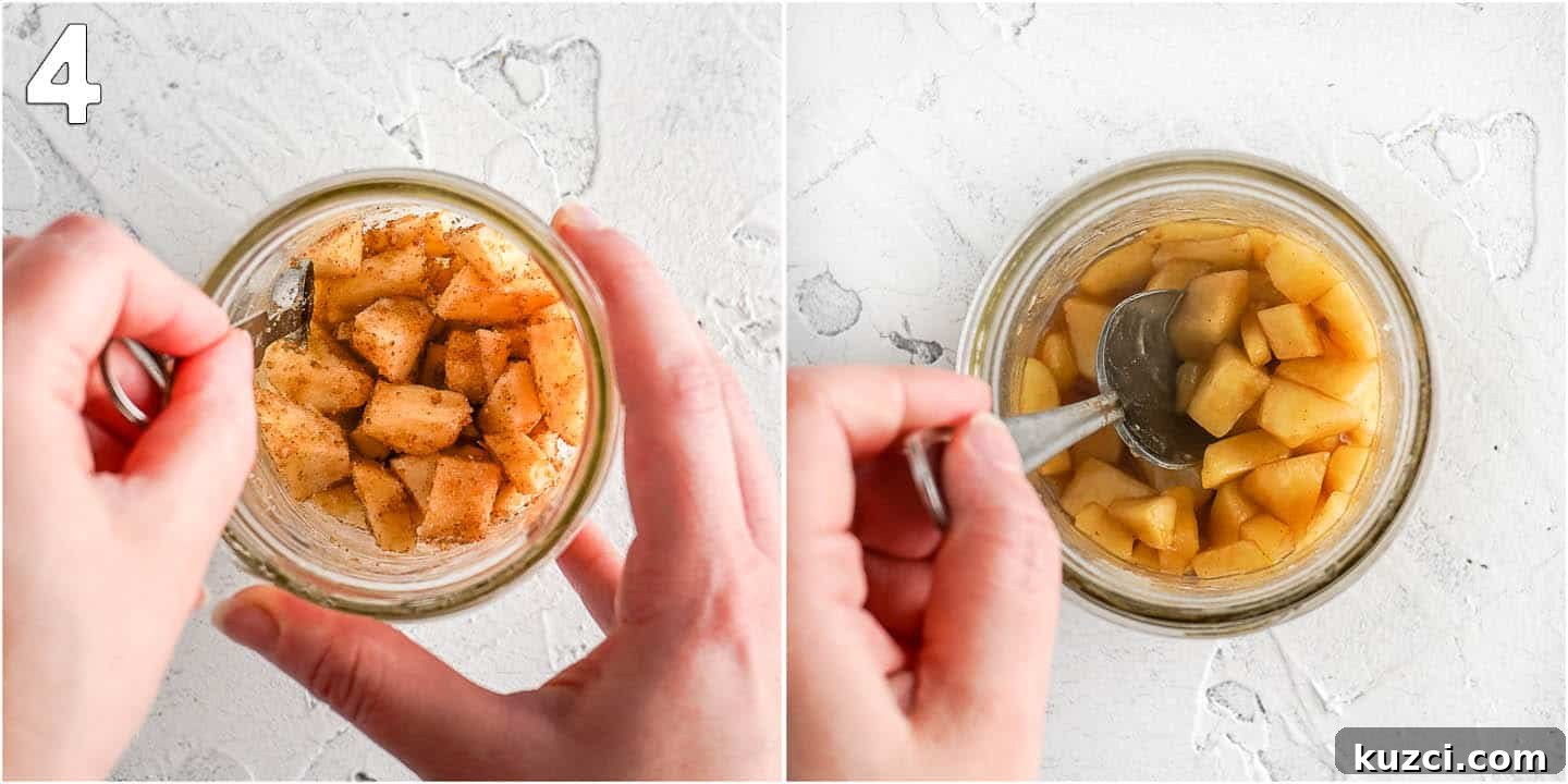 Microwave Apple Cinnamon Mug Cake Recipe 6 Collage of two images showing chopped apples in glass jar before and after cooking