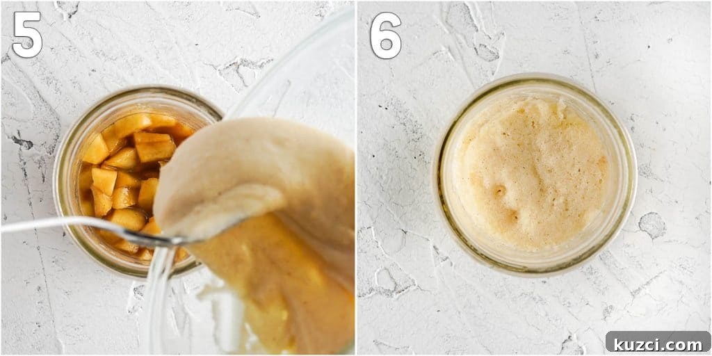 Microwave Apple Cinnamon Mug Cake Recipe 7 Collage of images pouring cake batter over apples and cooked cake in glass jar