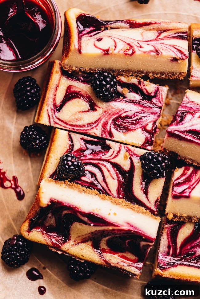 Ingredients and finished blackberry mascarpone cheesecake bars