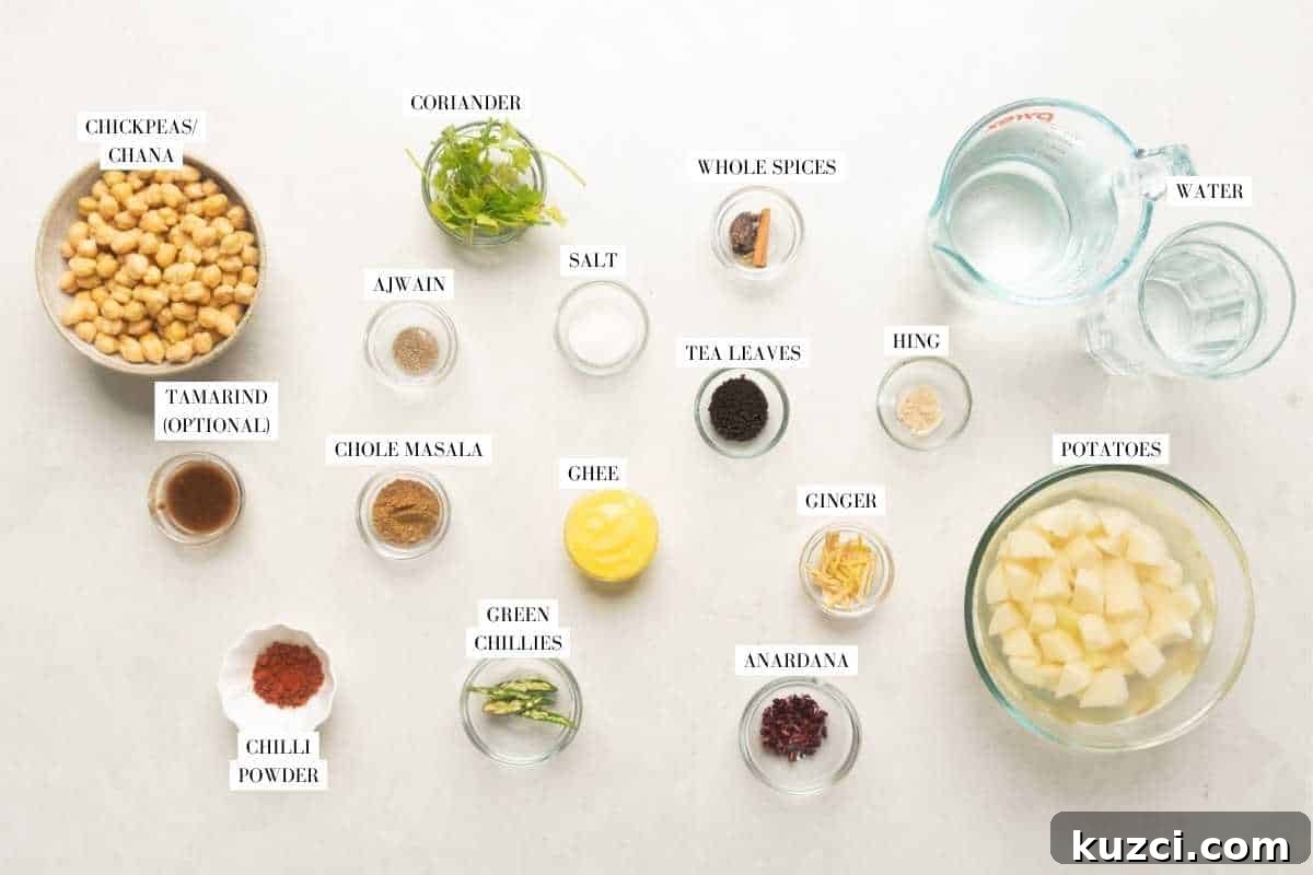 Picture of all the ingredients for pindi chole with text overlay to identify them