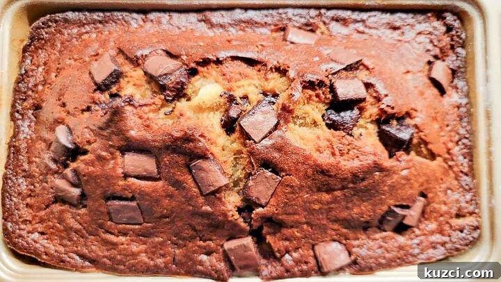 chocolate chunk banana bread baked in a loaf pan.