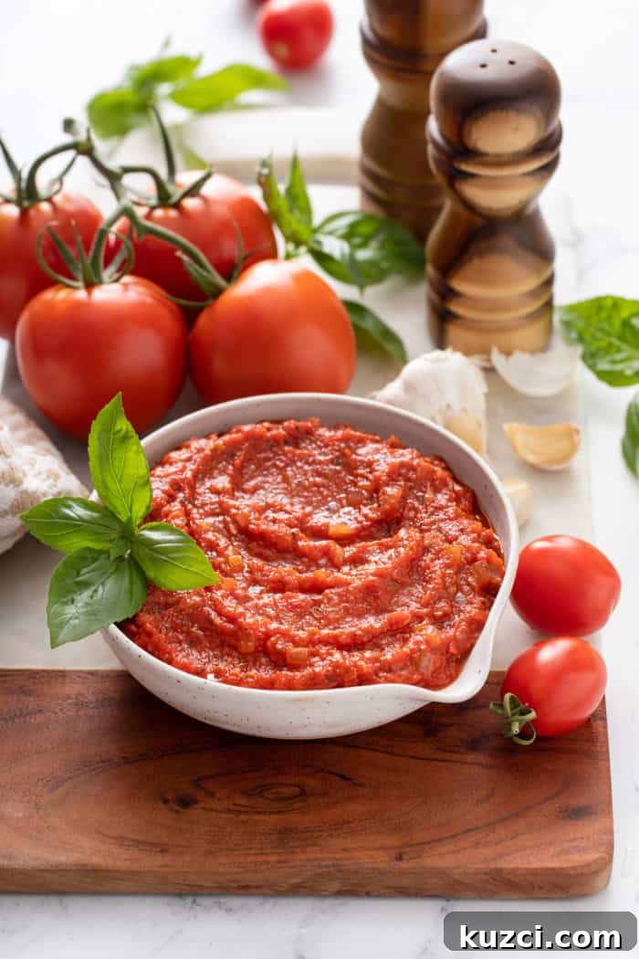 15-Minute Homemade Marinara Sauce for Pasta 2 White bowl filled with marinara sauce, set on a wooden and marble board and surrounded by tomatoes and basil.