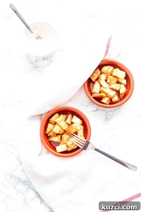 Crispy Air Fryer Patatas Bravas with Spicy Tomato Sauce 6 Two stone bowls with patatas bravas made in an Air Fryer. The tasty Spanish potatoes are served with aioli or brava sauce.